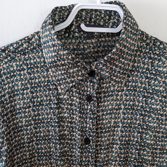 LINE 100% silk abstract print shirt blouse blue brown size Large @T1 - Picture 10 of 10